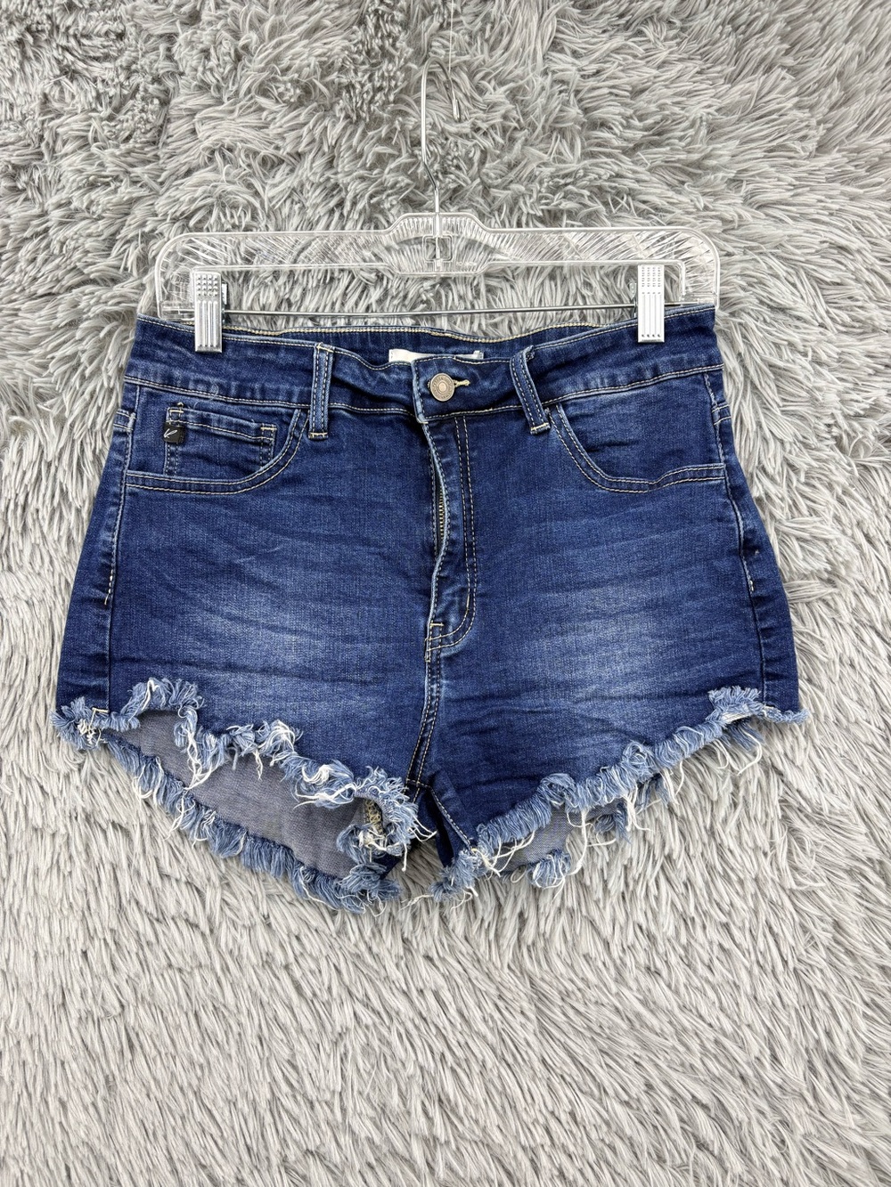 Kancan High Rise Denim Shorts Womens 29 Dark Wash Fray Fringe Hem Cutoff KC8033M